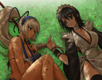Rule 34 | 2girls, black hair, bow (weapon), breasts, dark-skinned female, dark skin, from above, grass, iroha (samurai spirits), itouei, large breasts, long hair, looking at another, lying, maid, maid headdress, maid leotard, majikina mina, medium breasts, multiple girls, on back, on grass, samurai spirits, sarong, snk, unconventional maid, weapon, white hair, white sarong, yuri