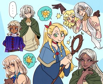 ... 3boys 4girls androgynous arm_tattoo bags_under_eyes black_eyes blonde_hair blue_background blue_capelet blue_robe blush braid brown_eyes brown_gloves capelet chest_tattoo choker cithis cloak commentary dark-skinned_female dark-skinned_male dark_elf dark_skin dress dungeon_meshi earrings elf english_commentary facial_mark fleki forehead_mark gloves green_cloak green_eyes grey_hair hair_around_ear holding holding_staff hood hooded_capelet hooded_cloak jester_costume jewelry juliet_sleeves long_hair long_sleeves looking_at_viewer low_twintails lycion marcille_donato milsiril ministarfruit mithrun multiple_boys multiple_braids multiple_girls neck_ruff pointy_ears puff_and_slash_sleeves puffy_sleeves purple_eyes purple_tunic red_choker robe scar scar_on_chest shirt short_bangs short_hair sidelocks simple_background smile sparkle spoken_ellipsis sprout staff tattoo thistle_(dungeon_meshi) tongue tongue_out topless_male tunic twintails uneven_eyes upper_body very_long_ears very_long_hair wavy_hair white_hair yellow_eyes