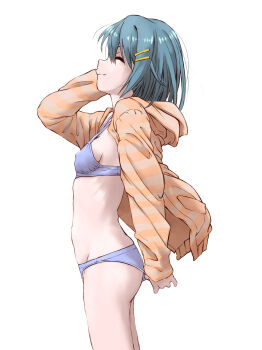 1girl adjusting_clothes adjusting_panties ass blue_bra blue_hair blue_panties bra breasts brown_hoodie closed_eyes closed_mouth commentary from_side hair_ornament hairclip hand_up highres hood hoodie loli long_sleeves mahou_shoujo_madoka_magica mahou_shoujo_madoka_magica_(anime) marutaya medium_hair miki_sayaka open_clothes open_hoodie panties panty_pull parallel_hairclips petite profile pulling_own_clothes revision simple_background small_breasts smile solo standing striped_clothes striped_hoodie two-tone_hoodie underwear white_background