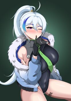 1girl absurdres aurabella barcode barcode_tattoo bare_shoulders black_leotard blush breasts commentary_request ephnel gloves gradient_clothes gradient_jacket green_necktie highleg highleg_leotard highres impossible_clothes impossible_leotard jacket korean_commentary large_breasts leg_tattoo leotard long_hair looking_at_viewer multicolored_gloves multicolored_hair necktie one_eye_closed ponytail purple_eyes solo soulworker streaked_hair tattoo thighs two-tone_gloves very_long_hair white_hair