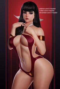 1girl armband black_background black_hair blue_eyes bracelet breasts cleavage clothing_cutout collarbone earrings jewelry large_breasts long_hair looking_at_viewer nail_polish navel navel_cutout one-piece_swimsuit red_background red_one-piece_swimsuit slingshot_swimsuit standing striped_background swimsuit two-tone_background v1mpaler vampire vampirella vampirella_(character)