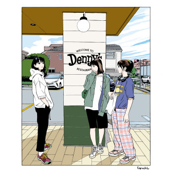 3girls absurdres bag balcony black_eyes black_hair black_pants black_shorts blue_car blue_shirt blue_sky border brown_hair building car ceiling ceiling_light closed_mouth cloud denny's eguchi_hisashi fence from_side grass green_bag green_jacket hair_ornament hand_in_pocket hand_on_own_chin hand_up headphones headphones_around_neck highres holding hood hoodie house jacket long_sleeves looking_at_another looking_at_viewer looking_to_the_side manhole_cover medium_hair motor_vehicle multiple_girls original outdoors pants parking_lot pillar plaid_clothes plaid_pants ponytail print_shirt profile railing road road_sign shirt shoes short_hair short_sleeves shorts shoulder_bag sidewalk sign signature sky sleeves_past_fingers sleeves_past_wrists sneakers socks standing thick_lips tote_bag toyota toyota_prius tree white_bag white_border white_car white_footwear white_hoodie white_shirt white_socks