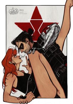 Rule 34 | 1boy, 1girl, artist name, bare shoulders, barefoot, beard stubble, black gloves, black hair, black leotard, black mask, black pants, black widow, blue eyes, border, breasts, bucky barnes, bulletproof vest, commentary request, cyberpumpkinpie, domino mask, earrings, eye mask, facial hair, fingerless gloves, gloves, grey background, hair bun, hand on another's knee, hetero, highres, holding another's wrist, jewelry, leotard, long hair, marvel, mask, mechanical arms, medium breasts, medium hair, nail polish, natasha romanoff, pants, prosthesis, prosthetic arm, red hair, red lips, red nails, single mechanical arm, stubble, swept bangs, updo, white border, winter soldier