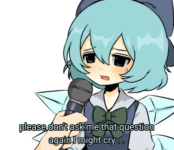 1girl :3 blue_bow blue_eyes blue_hair blue_vest blush bow bowtie cirno dot_nose green_neckwear hair_bow highres holding holding_microphone ice ice_wings interview microphone open_mouth simple_background snale solo_focus subtitled sweatdrop touhou vest white_background wings