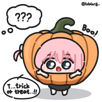 Rule 34 | 1girl, ?, ??, blue eyes, bocchi the rock!, chibi, chibi only, full body, gotoh hitori, halloween costume, highres, looking at viewer, lulalang, one side up, open mouth, pink hair, pumpkin costume, simple background, solo, speech bubble, spoken question mark, standing, thought bubble, trick or treat, white background