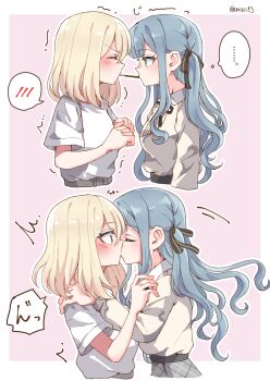 ... 2girls bang_dream! bang_dream!_it&#039;s_mygo!!!!! blonde_hair blue_hair blush commentary_request highres kiss long_sleeves medium_hair misumi_uika multiple_girls purple_eyes rousei shirt short_hair sidelocks spoken_blush spoken_ellipsis togawa_sakiko white_shirt yellow_eyes yuri