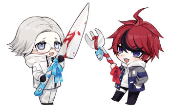 2boys :d ahoge aotsuki_eito black_gloves black_pants black_streaks blood bloody_knife blue_eyes blue_jacket blue_ribbon chibi chibi_only dead_animal drawstring fish fork full_body glasses gloves grey_eyes grey_hair grey_jacket hand_on_own_hip holding holding_fork holding_knife hood hoodie jacket jacket_over_hoodie knife looking_at_object male_focus multicolored_hair multicolored_jacket multiple_boys open_mouth oversized_object pants red_hair red_ribbon ribbon short_hair simple_background smile streaked_hair sumino_takumi the_hundred_line_-last_defense_academy- two-tone_jacket wa_ga_ne white_hoodie white_jacket white_pants