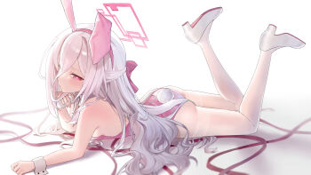 1girl absurdres alternate_costume animal_ears ass blue_archive breasts commentary english_commentary fake_animal_ears fake_tail halo high_heels highres kei_(blue_archive) kei_(new_body)_(blue_archive) kuro11kii leotard long_hair looking_at_viewer lying on_stomach pantyhose pink_eyes pink_halo pink_leotard playboy_bunny rabbit_ears rabbit_tail simple_background small_breasts solo tail the_pose very_long_hair white_background white_hair white_pantyhose wrist_cuffs