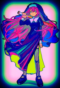 1girl alternate_costume arm_at_side aubrey_(faraway)_(omori) aubrey_(omori) baseball_bat black_border black_shoes black_thighhighs blue_eyes bon_rinbasu border breasts clenched_hand closed_mouth commentary_request full_body hand_up highres holding holding_baseball_bat juliet_sleeves long_hair long_sleeves looking_at_viewer nail_(hardware) nail_bat nun nun_headdress omori pink_hair puffy_sleeves shoes side_slit simple_background small_breasts solo standing thighhighs wind