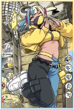 1girl 1other absurdres against_wall aqua_hair bandeau belt black_mask blonde_hair breasts canari_(pokemon) criss-cross_halter crop_top cropped_jacket curly_sidelocks english_text fake_hair_bun gen_4_pokemon gen_5_pokemon halterneck highres igawa20000volt jacket large_breasts mask mega_ring mega_stone midriff mouth_mask multicolored_hair navel nintendo pants pokemon pokemon_legends:_z-a rotom rotom_phone solo_focus split-color_hair stomach stuffed_toy twintails two-tone_hair two-tone_mask tynamo yellow_bandeau yellow_jacket yellow_mask zipper
