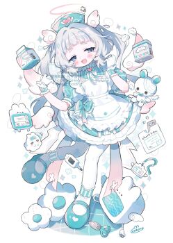 Rule 34 | 1girl, :3, :d, apron, blue eyes, blunt bangs, blush stickers, character request, commentary, commission, copyright request, cotono (nazekun), digital thermometer, dot nose, dress, frilled dress, frills, full body, gloves, green dress, green hat, green shoes, grey hair, hair intakes, hat, highres, lanyard, long hair, nurse cap, open mouth, pantyhose, scissors, shoes, short sleeves, signature, simple background, skeb commission, smile, solo, standing, thermometer, thick eyebrows, virtual youtuber, watermark, white apron, white background, white gloves, white pantyhose