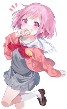 1girl blunt_bans blush buttons cardigan closed_mouth commentary donut food food_in_mouth food_on_face foot_out_of_frame fuinagi_(huyuu_mm) grey_serafuku grey_shirt grey_skirt highres long_sleeves neckerchief notice_lines ootori_emu open_cardigan open_clothes pink_cardigan pink_eyes pink_hair pleated_skirt project_sekai red_neckerchief sailor_collar school_uniform serafuku shirt short_hair simple_background skirt solo standing standing_on_one_leg white_background white_sailor_collar