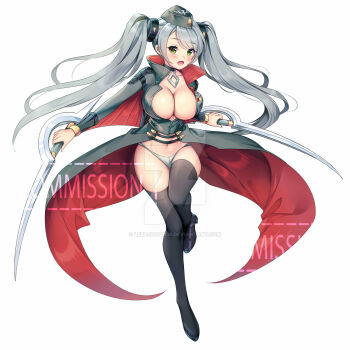 Rule 34 | 1girl, blush, breasts, cleavage, commission, dual wielding, green eyes, grey hair, hat, highres, holding, jewelry, large breasts, lebachqui126, long hair, looking at viewer, navel, necklace, panties, senran kagura, senran kagura new wave, sword, thighhighs, tsubame (senran kagura), twintails, underwear, weapon