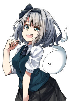 Rule 34 | 1girl, arched back, black hairband, black necktie, black skirt, bow hairband, breasts, collared shirt, commentary request, cowboy shot, fingernails, from side, green vest, grey hair, hairband, highres, hitodama, konpaku youmu, konpaku youmu (ghost), looking at viewer, medium breasts, miniskirt, necktie, pegashi, pleated skirt, raised eyebrow, shirt, short hair, simple background, skirt, smug, solo, teeth, touhou, upper teeth only, vest, white background, white shirt, wispy bangs
