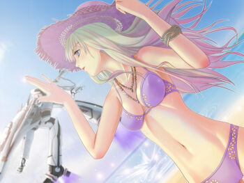 1girl beach bikini blonde_hair blue_eyes bracelet breasts day female_focus floating flying gerwalk hat hovering jewelry long_hair macross macross_frontier mecha navel necklace outdoors raybar robot saotome_alto sheryl_nome sky solo swimsuit vf-25 water