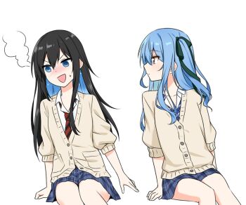 2girls bellezza_felutia blue_eyes blue_hair blue_necktie blush buttons collared_shirt commentary_request felutiahime hair_between_eyes hololive hoshimachi_suisei long_hair long_sleeves multiple_girls necktie pleated_skirt red_necktie school_uniform shirt skirt smile virtual_youtuber white_shirt