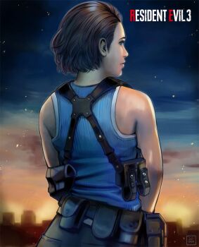 Rule 34 | 1girl, belt, belt pouch, blue tank top, brown hair, embers, from behind, gradient sky, gun, holding, holding gun, holding weapon, holster, jill valentine, looking at viewer, looking back, orange sky, outdoors, overlord jc, pouch, profile, resident evil, resident evil 3: nemesis, resident evil 3 (remake), short hair, shoulder holster, sky, solo, sunset, tank top, twilight, utility belt, weapon