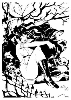 1girl armlet bare_tree black_hair boots breasts commentary earrings fence glaucosilvaart greyscale high_heel_boots high_heels jewelry knee_boots knee_up long_hair looking_at_viewer medium_breasts monochrome outdoors sitting skull solo tree vampirella vampirella_(character)