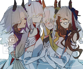 4girls ahozur_dayo bridal_veil bride commentary_request de_laroche_(racehorse) dear_wink_(racehorse) dress elbow_gloves gloves multiple_girls obscured_eyes oriental_art_(racehorse) point_flag_(racehorse) umamusume veil wedding_dress white_background white_dress white_gloves