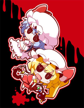 2girls :&lt; :d akaneya bat_wings bow chibi fang flandre_scarlet hat hat_bow laevatein mob_cap multiple_girls open_mouth remilia_scarlet siblings sisters smile solid_circle_eyes touhou triangle_mouth wings