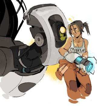 1girl 1other aperture_science_handheld_portal_device breasts brown_hair chell cleavage glados heart highres jumpsuit looking_at_another orange_jumpsuit ponytail portal_(series) robot shirt sleeveless sleeveless_shirt tan waackery white_shirt