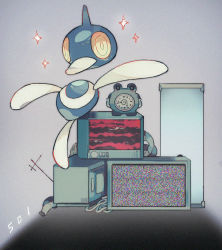 aerial akadako alternate_color animated arms_up clock colored_sclera english_text floating full_body gen_1_pokemon gen_4_pokemon looking_at_viewer looping_animation nintendo no_humans outstretched_arms pokedex_number pokemon pokemon_(creature) poliwhirl porygon-z shiny_pokemon sparkle static television video yellow_eyes yellow_sclera