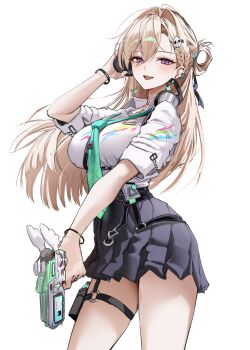 1girl absurdres aqua_necktie black_skirt blonde_hair braid braided_bangs breasts collared_shirt commentary cowboy_shot earrings furuming1 hair_ornament hand_up hashtag-only_commentary headphones highres holding id_card jewelry large_breasts light_blush long_hair looking_at_viewer lynae_(wuthering_waves) necktie open_mouth purple_eyes shirt shirt_tucked_in simple_background skirt skull_hair_ornament smile solo star_(symbol) star_earrings white_background wuthering_waves