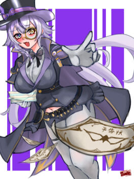 1girl absurdres belt black_belt black_bow black_bowtie black_cape black_hair black_hat black_jacket blue_eyes blush bow bowtie braid breasts calling_card cape commentary_request eye_mask fang gloves goddess_of_victory:_nikke grey_hair hair_between_eyes hat heterochromia highres holding holding_paper ilvaite jacket large_breasts long_hair long_sleeves looking_at_viewer mask monocle multicolored_hair navel open_mouth pantyhose paper paper_stack phantom_(nikke) purple_background shirt sidelocks signature skin_fang solo standing streaked_hair thigh_strap top_hat translation_request underbust very_long_hair white_gloves white_pantyhose white_shirt yellow_eyes