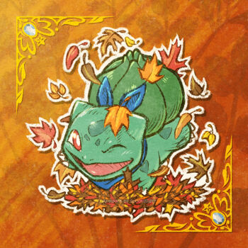 Rule 34 | animal focus, autumn leaves, bandana, bandana around neck, blue bandana, bright pupils, bud, bulbasaur, commentary, english commentary, full body, gen 1 pokemon, leaf, leaf pile, nintendo, no humans, nostrils, one eye closed, open mouth, orange background, outline, pokemon, pokemon (creature), pokemon focus, red eyes, smile, solo, spoony loony, white outline, white pupils