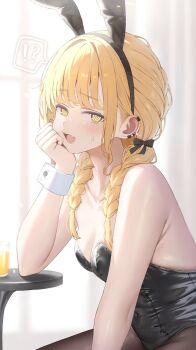 1girl ? @_@ animal_ears black_leotard black_pantyhose blonde_hair blush braid collarbone commentary_request cup drinking_glass elbow_rest fake_animal_ears fang fujita_kotone gakuen_idolmaster hair_intakes head_rest hibimaru highres idolmaster leotard long_hair looking_at_viewer low_twin_braids open_mouth pantyhose playboy_bunny rabbit_ears skin_fang solo spoken_question_mark strapless strapless_leotard sweat twin_braids white_wrist_cuffs wrist_cuffs yellow_eyes