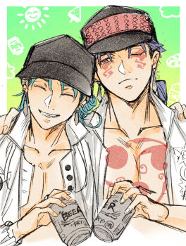 2boys baseball_cap beer_can black_hat blue_hair can chest_tattoo closed_eyes collarbone commentary_request cu_chulainn_(caster)_(fate) cu_chulainn_(fate) cu_chulainn_(tropical_rune_summer)_(fate) cu_chulainn_alter_(fate) cu_chulainn_alter_(under_the_same_sky)_(fate) drink_can earrings facial_mark facing_viewer fate/grand_order fate_(series) green_background grin hand_on_another's_shoulder hat head_tilt highres holding holding_can jewelry light_smile long_hair looking_at_viewer male_focus mitsudomoe_(shape) multiple_boys one_eye_closed open_clothes open_shirt osoba_(smen29) red_eyes shirt smile spiked_hat spikes sun tattoo tomoe_(symbol) upper_body white_shirt