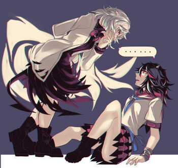 ... 2girls absurdres arrow_(symbol) black_hair bow chromatic_aberration cone_horns dress female_focus full_body grey_horns highres horns jacket kijin_seija kishin_sagume long_sleeves multicolored_hair multiple_girls open_mouth purple_dress quality red_eyes red_hair shirt short_hair simple_background single_wing skirt small_horns speech_bubble streaked_hair touhou vento white_hair wings