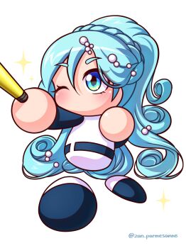 1girl absurdres aqua_eyes aqua_hair awase_marina baseball_bat baseball_uniform belt blue_belt blue_eyes blue_shirt braid commentary_request curly_ends gradient_eyes hair_between_eyes highres holding holding_baseball_bat jikkyou_powerful_pro_yakyuu jikkyou_powerful_pro_yakyuu_(style) long_hair multicolored_eyes multicolored_shirt no_mouth official_style one_eye_closed parmesan_(zan_parmesanne) pearl_hair_ornament ponytail ponytail_with_braided_base power_pro_appli rayman_limbs shirt smile solo sparkle sportswear twitter_username white_background white_shirt wide_ponytail yellow_eyes