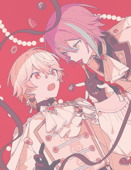 Rule 34 | 2boys, aqua streaks, brown gloves, candy, candy heart, commentary, double-parted bangs, earrings, food, fork, funsai seyo! unvalentine no fukushuu (project sekai), gloves, gradient hair, highres, holding, holding fork, jewelry, kamishiro rui, kino kazumi, long sleeves, looking at another, male focus, multicolored hair, multiple boys, open mouth, orange eyes, project sekai, purple eyes, red background, single earring, string of pearls, tenma tsukasa, two-tone hair, untranslatable commentary