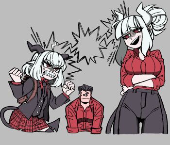 1boy 2girls ahoge anger_vein animal_ears annoyed black_hair black_horns black_jacket black_pants black_skirt black_tail breasts commentary demon_girl demon_horns demon_tail english_commentary english_text glasses goat_ears grizz helltaker helltaker_(character) highres horns jacket krampus_(grizz) large_breasts lucifer_(helltaker) medium_hair multiple_girls original pants red_eyes red_shirt shirt short_hair skirt tail vanripper_(style) white_hair white_horns