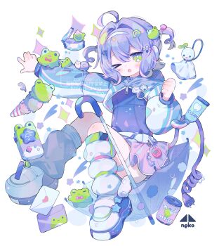 &gt;_o 1girl absurdres ahoge blush cable cellphone commentary_request commission cotono_(nazekun) electric_plug frog frog_hair_ornament green_eyes hair_ornament hairband heisei_retro highres ice_cream_cone jacket leg_warmers letter looking_at_viewer love_letter one_eye_closed original phone purple_hair purple_shirt purple_skirt shirt shoes simple_background skeb_commission skirt sneakers solo tamagotchi_(virtual_pet) tenshi_kaiwai teruterubouzu thigh_strap thighs tight_clothes toothpaste two_side_up umbrella unzipped virtual_pet_(toy) watermark white_background white_jacket white_leg_warmers white_shoes