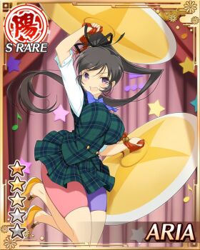 1girl aria_(senran_kagura) arm_up bike_shorts black_hair black_ribbon blue_bow blue_bowtie border bouncing_breasts bow bowtie breasts card_(medium) character_name cymbals english_text game_cg green_skirt green_vest hair_ribbon high_side_ponytail instrument jumping large_breasts long_hair looking_at_viewer multicolored_shorts official_alternate_costume official_art open_mouth plaid_clothes plaid_skirt plaid_vest purple_eyes purple_shorts red_shorts ribbon sakigei_municipal_academy_school_uniform school_uniform senran_kagura senran_kagura_new_wave shirt shorts skindentation skirt smile spotlight stage star_(symbol) star_print vest white_shirt