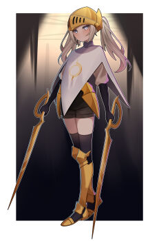 Rule 34 | 1girl, absurdres, armor, armored boots, blonde hair, body armor, boots, commission, commissioner upload, dual wielding, eyelashes, full body, gloves, grey eyes, helmet, highres, holding, holding sword, holding weapon, hollow knight, hollow knight: silksong, humanization, knee armor, knee boots, long hair, long sidelocks, long sleeves, looking at viewer, non-web source, second sentinel (hollow knight), shorts, sidelocks, simple background, solo, sword, thighhighs, thighs, twintails, visor (armor), wayanfa, weapon