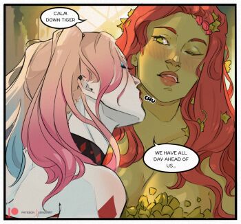 Rule 34 | 2girls, bare shoulders, batman (series), blonde hair, blue hair, blush, closed eyes, colored skin, couple, dc comics, female focus, green eyes, green skin, harley quinn, kiss, long hair, makeup, multicolored hair, multiple girls, open mouth, patreon logo, patreon username, pink hair, poison ivy, red hair, senekart, white skin, wife and wife, yuri