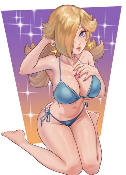 1girl absurdres bare_shoulders bikini blonde_hair blue_bikini blue_eyes breasts cleavage collarbone earrings eyelashes full_body hair_over_one_eye highres jewelry kneeling large_breasts lewdybug long_hair mario_(series) nintendo rosalina side-tie_bikini_bottom simple_background solo sparkle super_mario_galaxy swimsuit