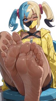 1girl blonde_hair blue_eyes blue_hair canari_(pokemon) corrupted_twitter_file dark-skinned_female dark_skin feet foot_focus he_c92 highres jacket mask mouth_mask multicolored_hair nintendo one_eye_closed pokemon pokemon_legends:_z-a presenting_foot shorts simple_background sitting soles solo toes twintails yellow_jacket