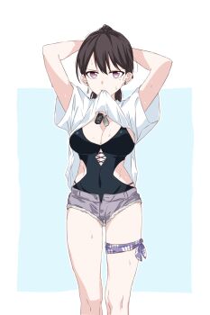 1girl arms_up bang_dream! bang_dream!_it&#039;s_mygo!!!!! black_one-piece_swimsuit border breasts cleavage clothes_in_mouth commentary_request covered_navel dog_tags earrings grey_shorts highres jewelry large_breasts looking_at_viewer mismatched_earrings mole mole_under_eye mouth_hold one-piece_swimsuit ponytail porinki purple_eyes shiina_taki shirt shirt_in_mouth short_sleeves shorts solo swimsuit tying_hair wet white_border white_shirt