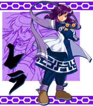 1girl blue_gloves blue_pants brown_shoes character_name crossed_arms fingerless_gloves full_body gloves hat looking_at_viewer looking_to_the_side oro_maximum pants parted_lips projected_inset purple_hat purple_scarf rera samurai_spirits scarf shoes standing turning_head upper_body wide_sleeves