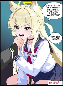 1boy 1girl angry animal_ear_fluff animal_ears aqua_background biting_another&#039;s_finger black_border black_choker black_gloves blonde_hair blue_archive blue_sailor_collar blue_skirt border choker commentary cowboy_shot english_commentary english_text fangs finger_in_another&#039;s_mouth fox_ears fox_girl gloves gradient_background green_eyes hair_between_eyes hair_intakes halo hand_up highres holding_another&#039;s_wrist kurumi_(blue_archive) long_hair long_sleeves looking_ahead melissa_v2 miniskirt neckerchief open_mouth pleated_skirt red_neckerchief sailor_collar school_uniform sensei_(blue_archive) serafuku shirt sidelocks signature simple_background sitting sketch skirt solo_focus speech_bubble teeth thigh_strap two_side_up v-shaped_eyebrows very_long_hair white_shirt yellow_halo