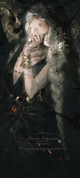 1girl absurdres bandaged_arm bandages bat_(animal) black_background black_veil commission dress hands_up highres holding_bandages lace-trimmed_veil lace_trim long_braid looking_at_viewer mouth_hold official_alternate_costume plunging_neckline red_eyes reverse:1999 semmelweis_(reverse:1999) semmelweis_(the_wax_and_wane_of_the_heart)_(reverse:1999) sleeveless sleeveless_dress solo upper_body veil watermark white_hair yuanyi_east