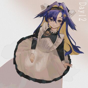 1girl apron arm_support black_dress black_hairband blue_eyes blue_hair colored_inner_hair dress from_above full_body grey_background hair_ornament hairband highres long_hair looking_at_viewer multicolored_hair ogi_ogi_0gi reverse:1999 school_uniform sitting smile solo soviet_school_uniform star_(symbol) star_hair_ornament very_long_hair voyager_(reverse:1999) wariza white_apron