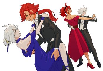 2girls absurdres black_footwear black_hairband black_pants black_suit blue_dress blush bow bowtie closed_eyes collared_shirt commentary_request couple dancing dark-skinned_female dark_skin dress eye_contact formal_clothes grey_eyes gundam gundam_suisei_no_majo hair_bun hairband hand_on_another&#039;s_back hand_on_another&#039;s_thigh hand_on_another&#039;s_waist high_heels highres holding_hands jacket long_hair long_sleeves looking_at_another miorine_rembran multiple_girls off-shoulder_dress off_shoulder open_mouth pants red_dress red_footwear red_hair shirt simple_background smile snapagi suit suit_jacket suletta_mercury thick_eyebrows tuxedo white_background white_bow white_bowtie white_hair white_shirt wristband yuri