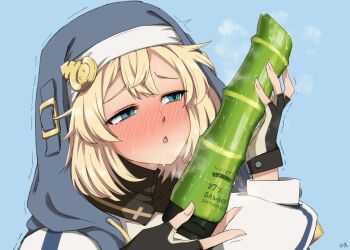 Rule 34 | 1boy, 4shi, androgyne symbol, aqua eyes, artist name, black gloves, blonde hair, blue background, blush, bridget (guilty gear), commentary request, dildo, double-parted bangs, fingerless gloves, gloves, guilty gear, highres, holding, holding sex toy, implied after masturbation, long sleeves, lube, male focus, medium hair, puffy long sleeves, puffy sleeves, sex toy, simple background, trap, upper body