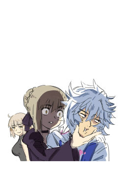 artoria_pendragon_(fate) blonde_hair blush breasts club3 fate/grand_order fate/stay_night fate_(series) highres jeanne_d'arc_(fate) jeanne_d'arc_alter_(avenger)_(fate) jeanne_d'arc_alter_(fate) merlin_(fate/stay_night) saber_alter saber_alter_(third_ascension) simple_background smile white_background white_hair yellow_eyes