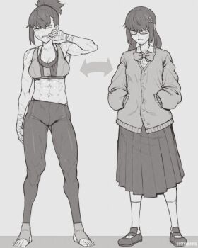 1girl abs arm_at_side artist_name bandaged_hand bandages barefoot before_and_after blazer bow bowtie breasts cardigan cleavage collared_shirt commentary contrapposto dress_shirt english_commentary glasses grey_background hair_ornament hairclip hands_in_pockets highres jacket leggings loafers looking_at_another medium_breasts medium_skirt muscular muscular_female navel original pants ponytail school_uniform semi-rimless_eyewear shirt shoes short_ponytail sidelocks simple_background single_sidelock skirt socks solo speedl00ver sports_bra sweatpants swept_bangs under-rim_eyewear white_shirt